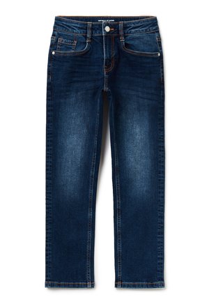 Dunkelblaue Jeans aus Denim mit leichtem Verblassen auf den Oberschenkeln, fünf Taschen, Knopfverschluss und Gürtelschlaufen, flach auf einem weißen Hintergrund ausgelegt.