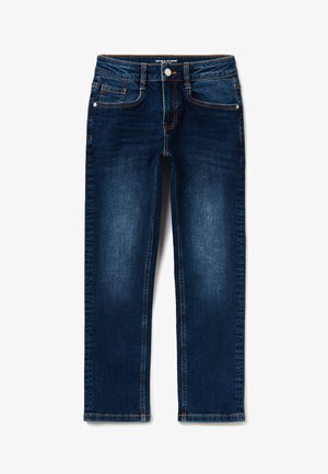 Dunkelblaue Jeans aus Denim mit leichtem Verblassen auf den Oberschenkeln, fünf Taschen, Knopfverschluss und Gürtelschlaufen, flach auf einem weißen Hintergrund ausgelegt.