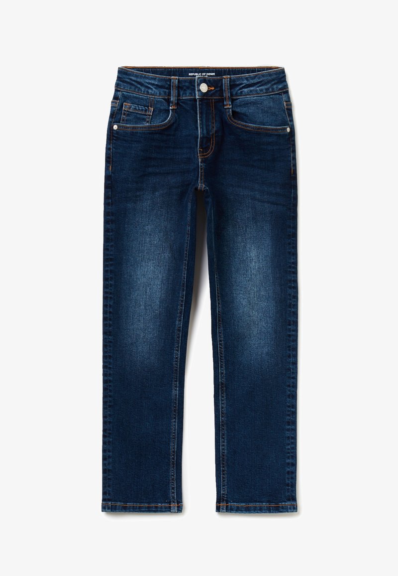 Jean en denim bleu foncé avec légère décoloration sur les cuisses, cinq poches, fermeture par boutons et passants de ceinture, posé à plat sur un fond blanc.
