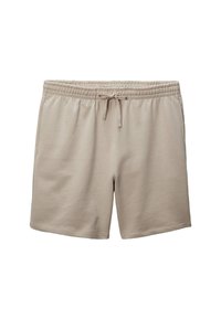 Shorts en coton beiges avec une taille élastique et un cordon de serrage, dotés de coutures à plat et de poches latérales pour plus de commodité.