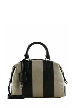 Sac à main en cuir rayé noir et beige avec deux poignées, surface texturée et bandoulière amovible ; possède une petite étiquette sur le côté.