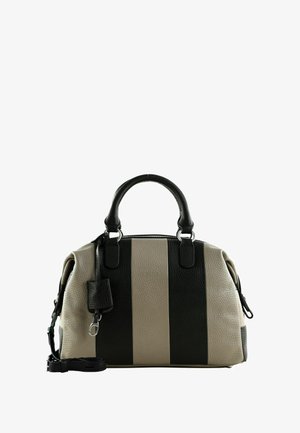 Sac à main en cuir rayé noir et beige avec deux poignées, surface texturée et bandoulière amovible ; possède une petite étiquette sur le côté.