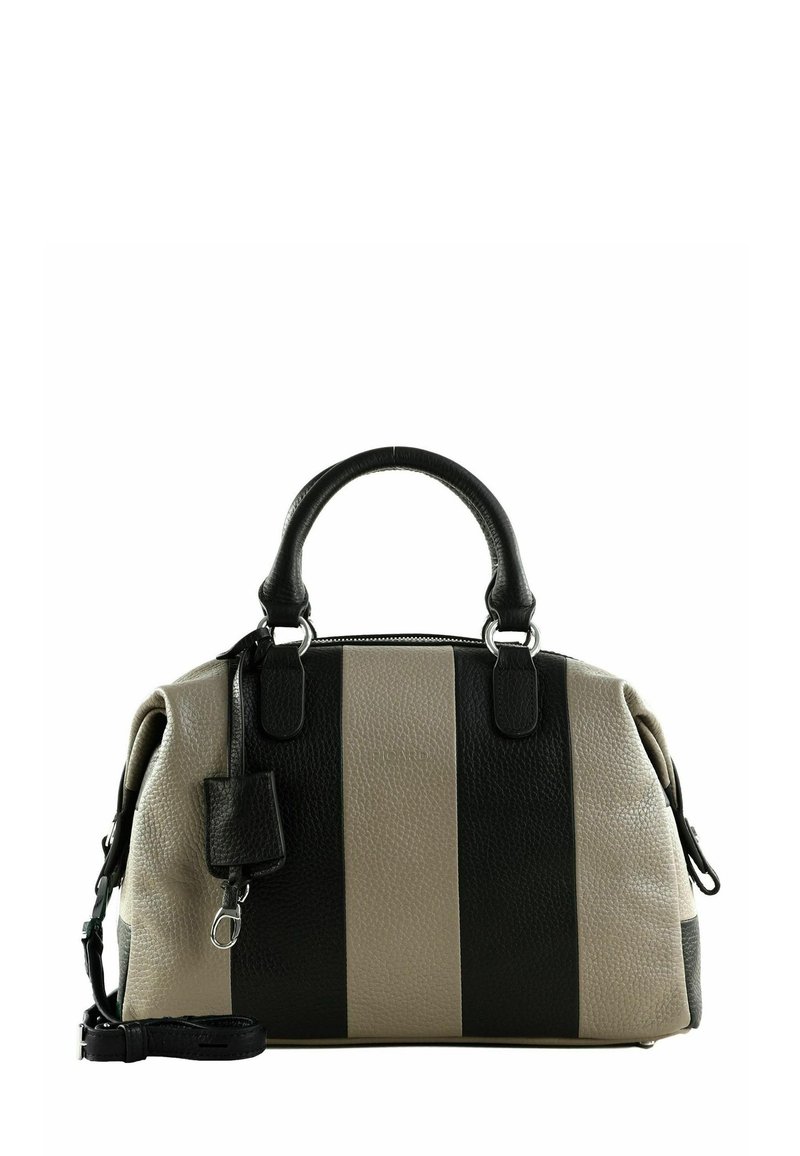 Sac à main en cuir rayé noir et beige avec deux poignées, surface texturée et bandoulière amovible ; possède une petite étiquette sur le côté.