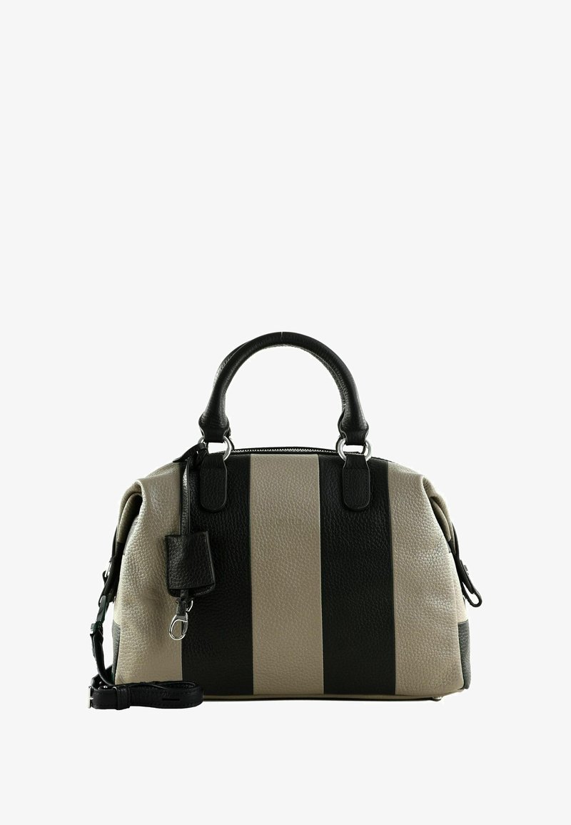 Sac à main en cuir rayé noir et beige avec deux poignées, surface texturée et bandoulière amovible ; possède une petite étiquette sur le côté.