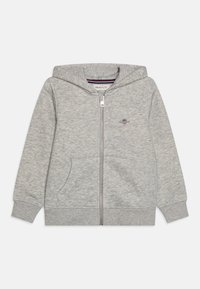 Felpa grigia con zip realizzata in morbido tessuto, caratterizzata da una tasca frontale, polsini a costine e un cappuccio con foderatura a righe. Logo ricamato sul petto.