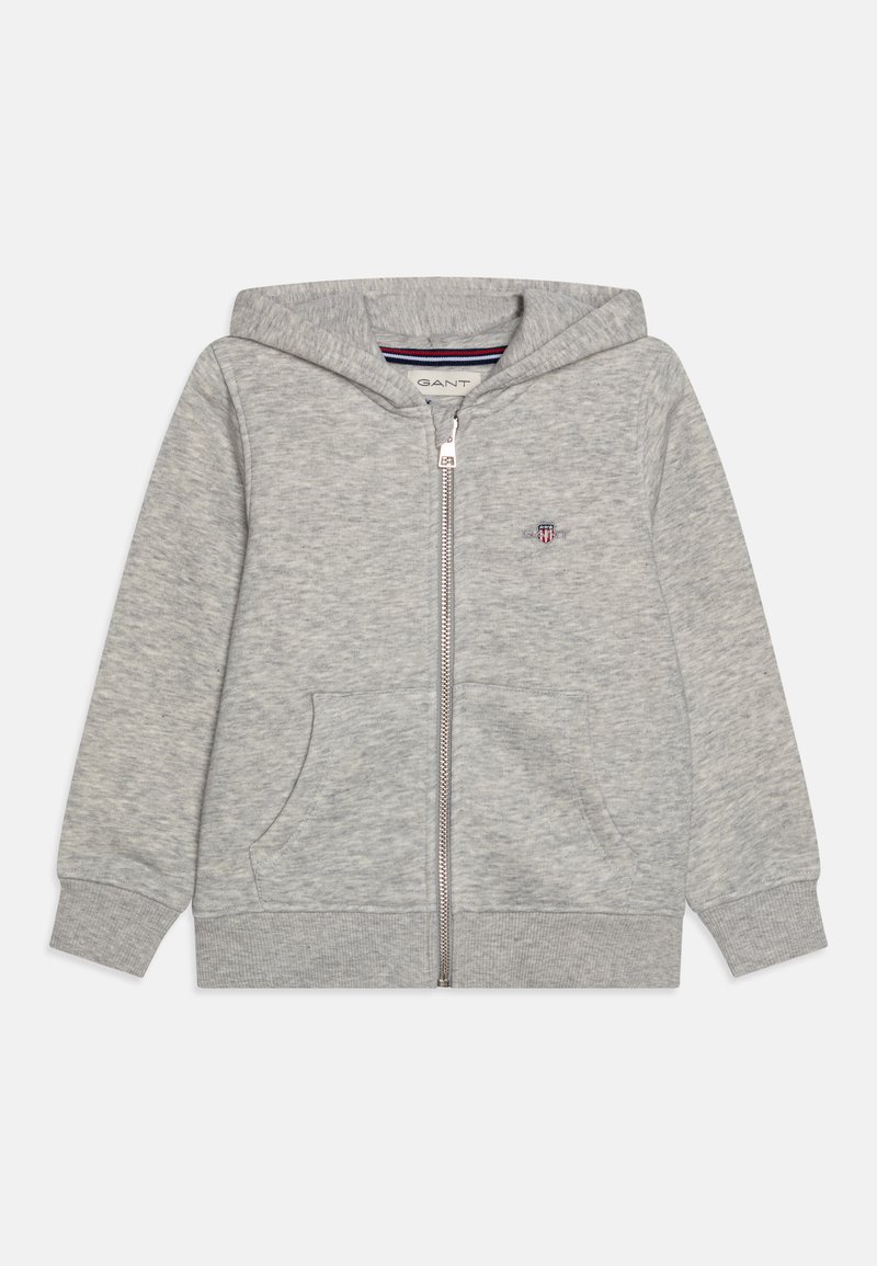 Gray zip-up hoodie made of soft fabric, featuring a front pocket, ribbed cuffs, and a hood with a striped inner lining. Embroidered logo on chest.