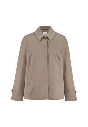 Beige Damenjacke mit weitem Kragen, einem sichtbaren Knopf am Hals, zwei Fronttaschen und geknöpften Riemen an den Manschetten.