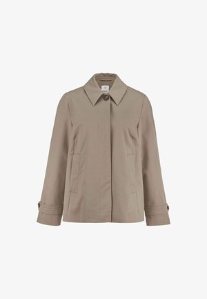 Beige Damenjacke mit weitem Kragen, einem sichtbaren Knopf am Hals, zwei Fronttaschen und geknöpften Riemen an den Manschetten.