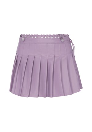 Világoslila pliszírozott miniszoknya ezüst szegecsekkel és fűzős részlettel az derékrésznél, sima anyag struktúrált varrással.