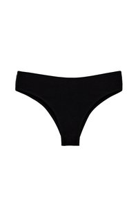 Bas de bikini noir en tissu doux, présentant une coupe taille basse et un design à couverture minimale avec des bords nets et lisses.