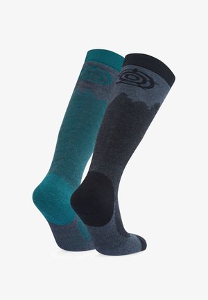Knee-high socks in teal and dark gray. Feature a textured finish with color-blocking and a logo on the top of each sock. Reinforced heel.