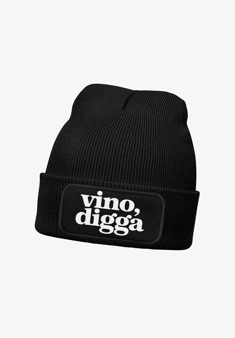 Black knit beanie featuring a wide cuff and a rectangular patch displaying the text "vino, digga" in bold white font.