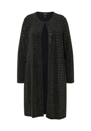 Schwarzer Cardigan mit glitzernder Textur und goldenen Akzenten, langen Ärmeln und einem offenen Design ohne Knöpfe oder Verschlüsse.