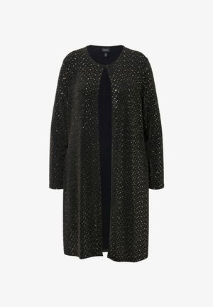 Sort cardigan med en glitrende tekstur og guldaccenter, lange ærmer og et åbent frontdesign uden knapper eller lukkemekanismer.