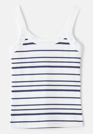 Stripet tanktop med hvide og marineblå vandrette striber, lavet af ribbet stof. Inkluderer brede stropper og en rund udskæring.