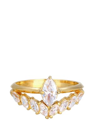 Bague en or avec une pierre centrale en taille marquise et sept petites pierres disposées en demi-cercle autour, mettant en valeur un éclat clair.