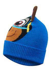 Berretto lavorato a maglia di un vivace blu, con un design di faccia animale colorata, texture morbida e un piccolo accento a forma di orecchio marrone sulla parte superiore.