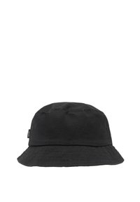 Sort bucket hat lavet af stof med en blød tekstur, der har en bred, svajende skygge og en diskret logo-detalje på siden.