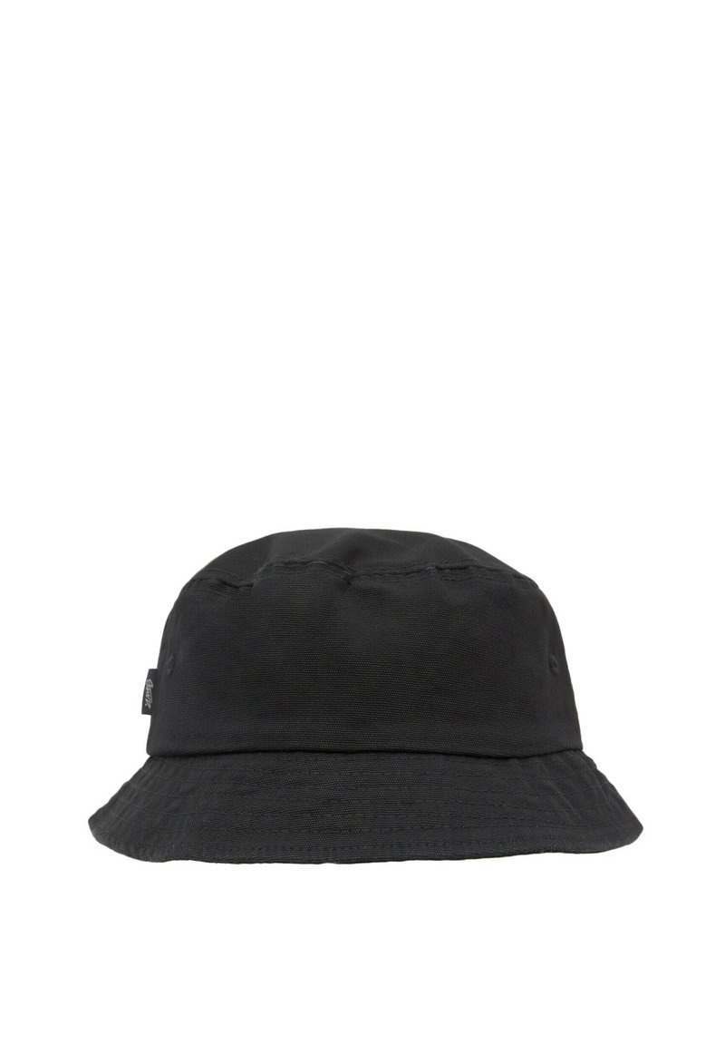 Sort bucket hat lavet af stof med en blød tekstur, der har en bred, svajende skygge og en diskret logo-detalje på siden.