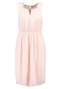 Ljusrosa ärmlös klänning med samlad midja, nyckelhålsringar och dekorativ pärlsöm runt kragen.