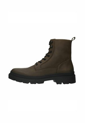 Brown leather ankle boots with lace-up design, featuring black hardware, a rugged sole, and a pull tab on the back for easy wear.