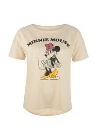 Camiseta de manga corta color crema con un gráfico de Minnie Mouse en lunares y zapatos amarillos, con el texto "MINNIE MOUSE" arriba.