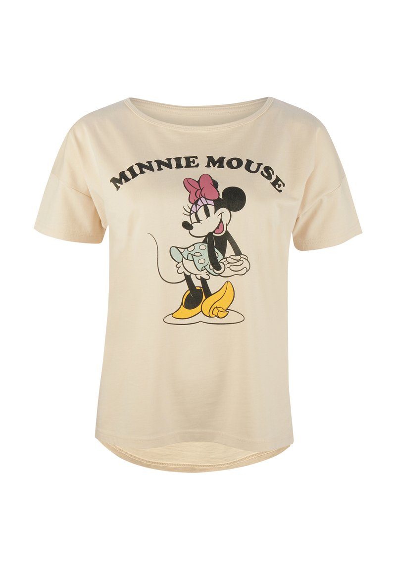 Camiseta de manga corta color crema con un gráfico de Minnie Mouse en lunares y zapatos amarillos, con el texto "MINNIE MOUSE" arriba.