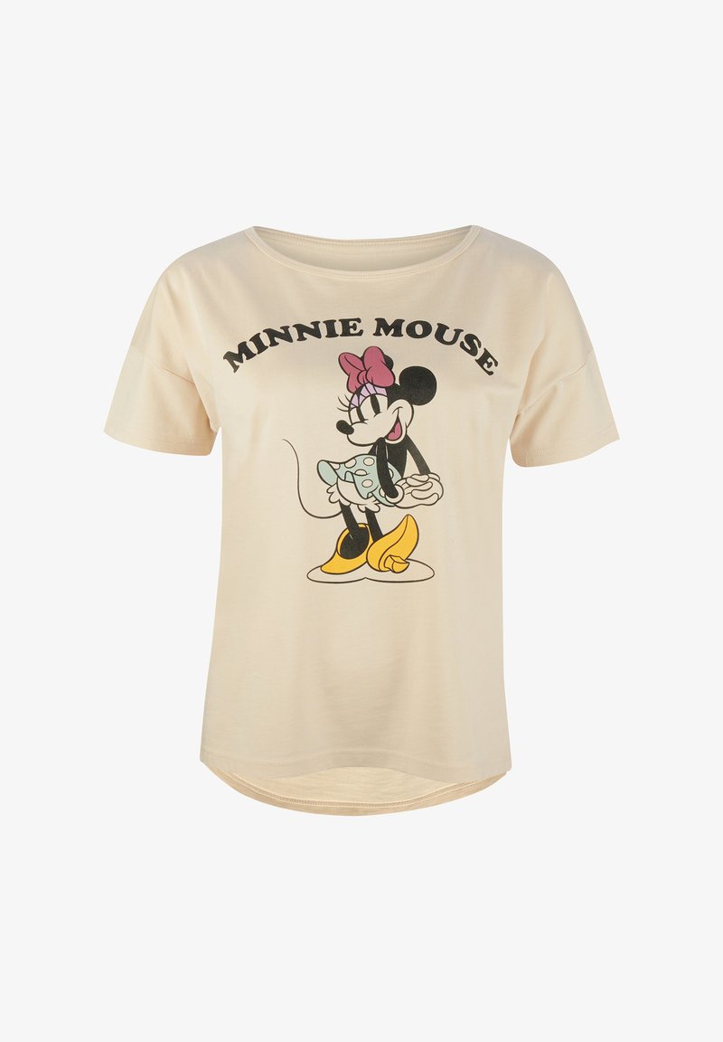 Camiseta de manga corta color crema con un gráfico de Minnie Mouse en lunares y zapatos amarillos, con el texto "MINNIE MOUSE" arriba.