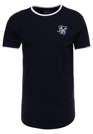 Granatowa koszulka z białym wykończeniem wokół kołnierza i rękawów, z małym haftowanym logo na górnej lewej stronie. Wykonana z miękkiego bawełnianego materiału.