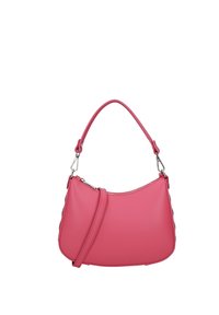Borsa in pelle rosa con manico corto e tracolla removibile, ferrature argentate e chiusura con cerniera.