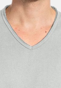 Grijze V-hals t-shirt gemaakt van zachte katoen. Heeft een subtiele textuur en nette stiksels langs de halslijn. Geen zichtbare logo's of patronen.