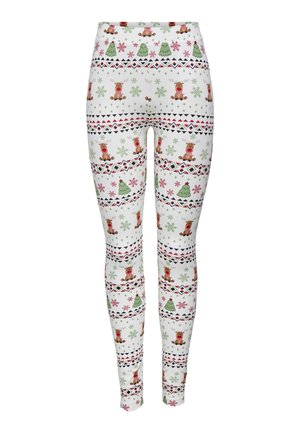 Weiße Leggings mit einem wiederkehrenden Muster aus cartoonhaften Rentieren, Weihnachtbäumen, roten und grünen Schneeflocken sowie geometrischen Formen.