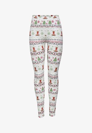 Weiße Leggings mit einem wiederkehrenden Muster aus cartoonhaften Rentieren, Weihnachtbäumen, roten und grünen Schneeflocken sowie geometrischen Formen.
