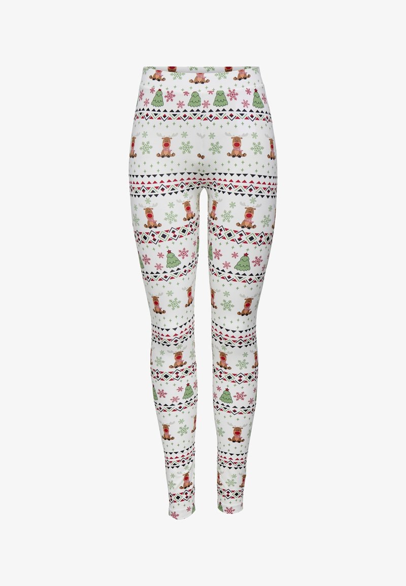 White leggings featuring a repeating pattern of cartoon reindeer, Christmas trees, red and green snowflakes, and geometric shapes.