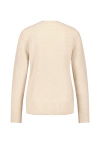 Beige gestrickter Pullover mit Rundhalsausschnitt, langen Ärmeln, gerippten Bündchen und Saum, der ein strukturiertes Muster aufweist.