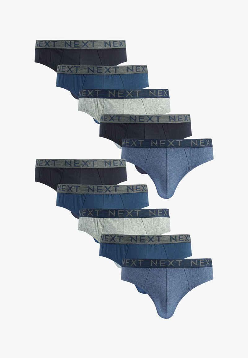 Dix paires de slips pour hommes dans différentes nuances de gris, marine et bleu foncé, avec des ceintures élastiques de marque NEXT. En matériau coton.