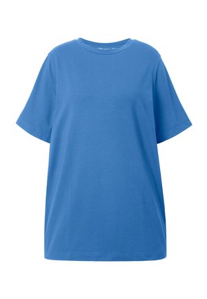 T-shirt bleu à manches courtes avec col rond et coupe décontractée, en tissu uni, présenté sur fond blanc.