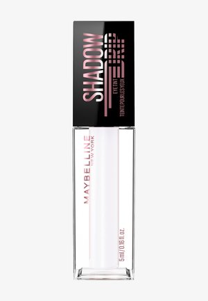 Duidelijke glazen buis met witte vloeistof erin, voorzien van een zwarte dop met roze tekst "SHADOW" en "MAYBELLINE NEW YORK." 5 ml formaat.
