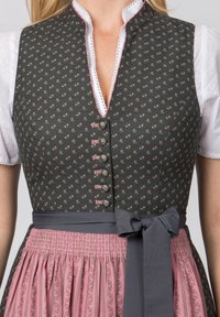Traditionelles Dirndl-Kleid mit einem dunkelblumigen Mieder, silbernen Knöpfen und einem rosa gefältelten Rock mit einer grauen Taillen Schleife.