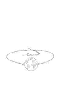 Silverfärgad armband med en öppen globdesign. Kedjan är delikat med justerbar längd och en krabbanodning.