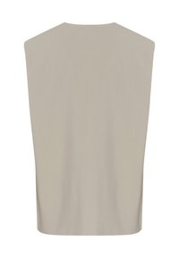 Beige ärmelloses Top mit geradem Schnitt und breiten Schultern. Glatte Textur und minimalistisches Design, ohne sichtbare Verschlüsse oder Muster.