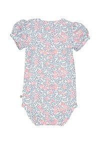 Body in cotone a maniche corte con fondo azzurro, caratterizzato da fiori rosa e foglie verdi. Tessuto morbido, scollatura rotonda, chiusura a pressione.