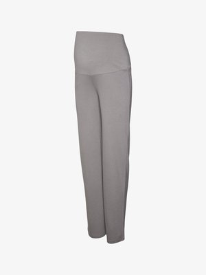 Graue Yogahosen mit hoher, elastischer Taille, aus einem weichen, dehnbaren Stoff, mit einem lockeren Schnitt und glatter Textur.