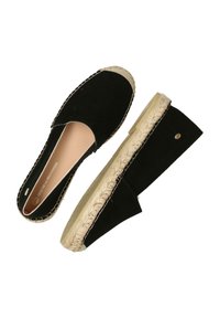 Espadrillas nere in suede con suola avvolta in juta, punta tonda e design minimalista. Presentano un morbido rivestimento interno e dettagli cuciti in modo discreto.
