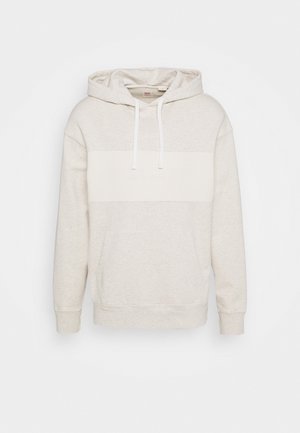 Light grey hoodie made from soft fabric, featuring a white horizontal stripe, drawstring hood, and front kangaroo pocket.