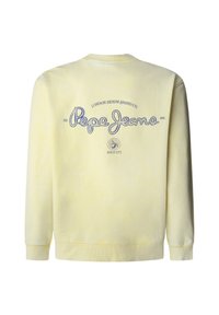 Geel sweatshirt met ronde hals, lange mouwen en geribde manchetten. "Pepe Jeans" logo in het blauw gedrukt op de achterkant. Zachte textuur.
