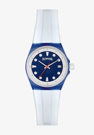 Reloj azul con esfera circular, correa de silicona blanca, bisel plateado y segundero rojo. Cuenta con una ventana de fecha y marcadores de hora redondos.