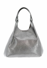 Borsa a tracolla in pelle argentata con un'unica maniglia rotonda, forma leggermente sbiadita e una sottile lucentezza metallica.