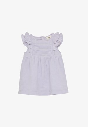 Licht lavendelkleurige jurk met ruches aan de mouwen, een gestructureerd lijfje en een geplooide rok. Heeft een ronde halslijn en een knoopsluiting aan de achterkant.