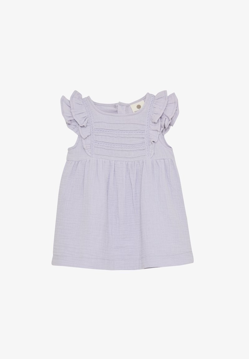 Leichtes Lavendelkleid mit Rüschenärmeln, strukturierter Brustpartie und gerafftem Rock. Verfügt über einen runden Ausschnitt und eine Rückenknopfleiste.